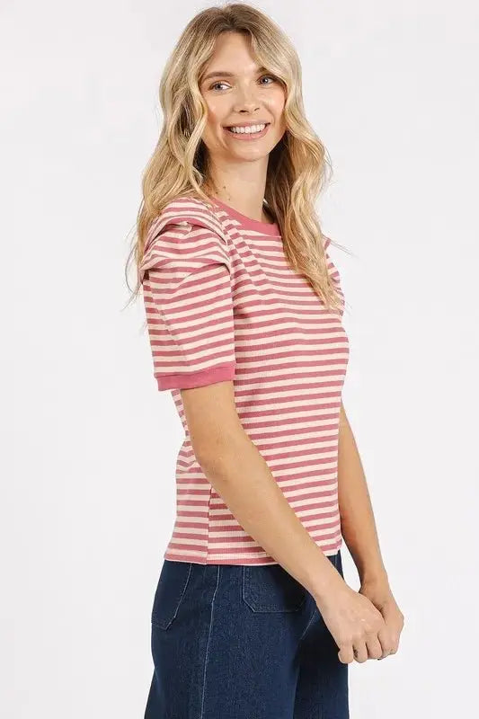 Mittoshop Striped Round Neck Puff Sleeve T-Shirt for Women - Love Salve
